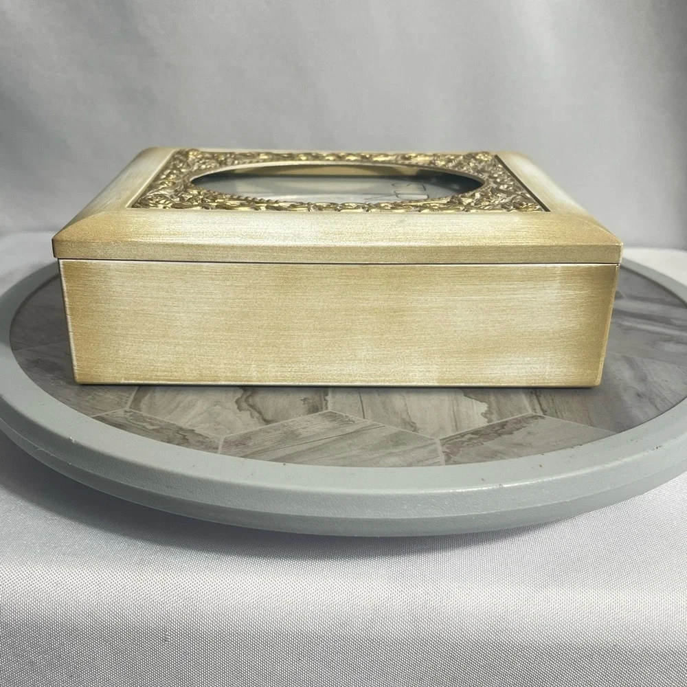 Vintage Studio Nova Golden Keepsake/Jewelry Box w/ Photo Frame Top New